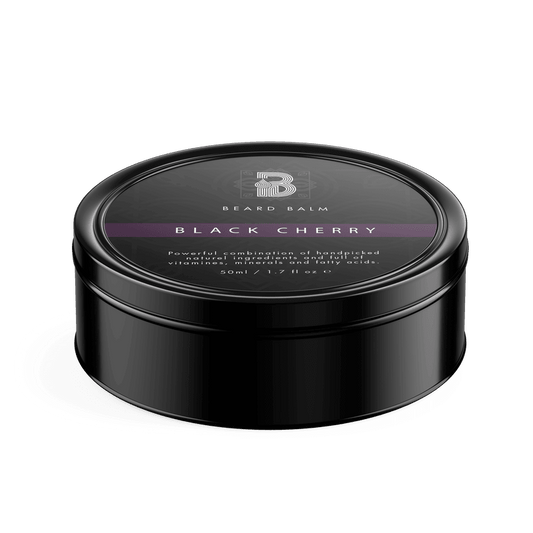 A black round container of Black Cherry Beard Balm, featuring a label with white text.