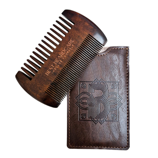 Cherry Wood Beard Comb with Leather Case, a premium grooming tool featuring double-sided teeth for precision grooming and detangling. Includes a leather protective case for safe storage.