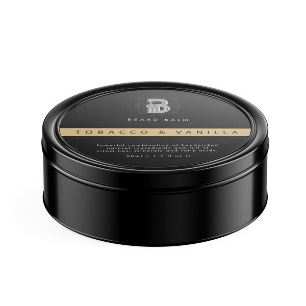 A round black container with a gold label, showcasing Choose Your Beard Balm (50ML) by Men In Style.