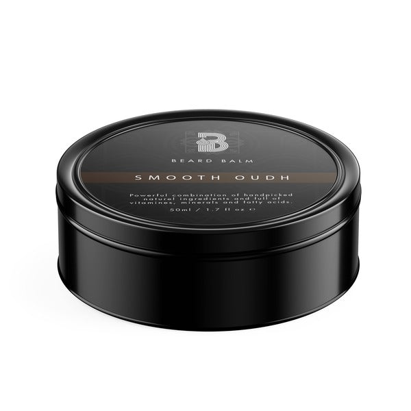A black round container of Choose Your Beard Balm (50ML) with a label, offering styling, moisturizing, nourishing, itch reduction, dandruff control, and dryness relief benefits for medium-to-long beards.