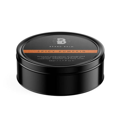 A black round container of Choose Your Beard Balm (50ML) with a label, perfect for enhancing your beard grooming routine.