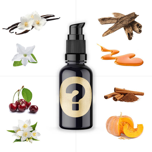 A 30ML bottle of nourishing beard oil with a black cap, surrounded by cherries and a slice of pumpkin.