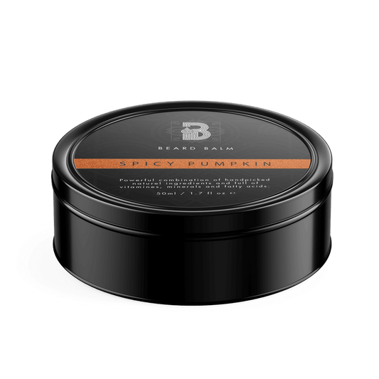 A black round container of Spicy Pumpkin Beard Balm, a nourishing and moisturizing product for medium to long beards.