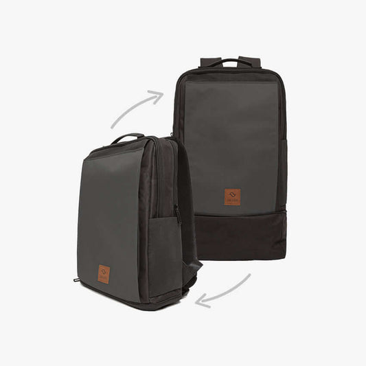 A versatile black and grey backpack with expandable bottom, jacket holder, shoulder strap pockets, and organized compartments. Machine washable.