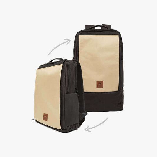 A versatile 2-in-1 Urban Commuter Backpack - Beige. Expandable bottom for extra space. Front flap doubles as a jacket holder. Convenient pockets on shoulder straps. Well-organized interior with laptop compartment. Machine washable.