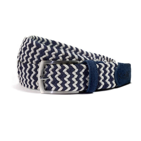 Woven Two-Tone Belt - Blue/Ecru: Genuine leather belt with elastic material, satin nickel buckle. Versatile, comfortable, and adjustable. Perfect premium gift.