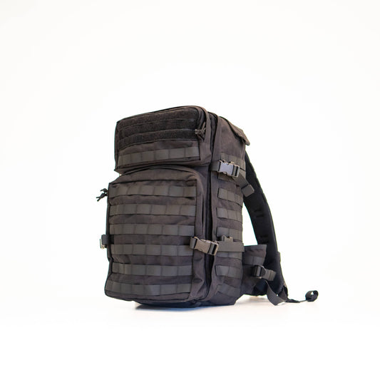 Durable black backpack with multiple straps and spacious compartments for all your essentials. 35L capacity.