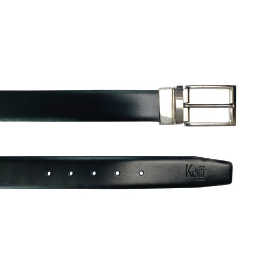 A close-up of a black leather belt with a silver buckle, part of the Double Face Genuine Leather Belt - Black/Grey collection from Men In Style.