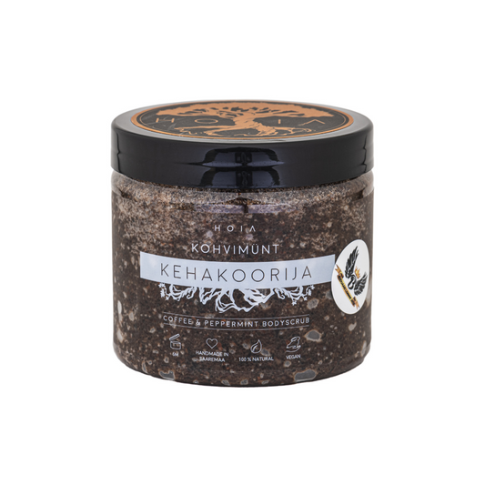 A jar of invigorating coffee and peppermint body scrub, rich in shea butter and coconut oil. Removes dead skin cells and leaves skin soft and moisturized. Size: 200 ml.