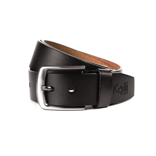 Men's Belt Genuine Leather - Black, with Gunmetal Buckle. Sporty style, minimal design. Handcrafted in Italy with top-quality leather. Adjustable size. Perfect premium gift in a rigid gift box.