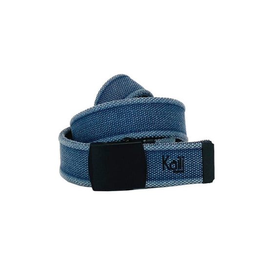 Stone Washed Canvas Ribbon Belt - Blue with Matt Black Buckle, a versatile fashion accessory handcrafted in Italy. Sporty and casual style, soft to the touch, and easily adjustable. Perfect gift idea.