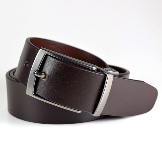Men's Leather Belt with Brushed Black Nickel Buckle - High-quality full-grain vegetable-tanned leather belt with adjustable length. Width: 35mm. Available in 90cm, 100cm, and 110cm lengths.