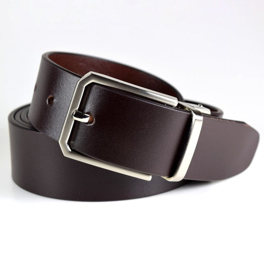 Men's Leather Belt - Brushed Nickel Buckle, a brown strap with a silver buckle. High-quality, full-grain vegetable-tanned leather, adjustable by +-5cm. Width: 35mm. Lengths: 90cm, 100cm, 110cm. From Men In Style.