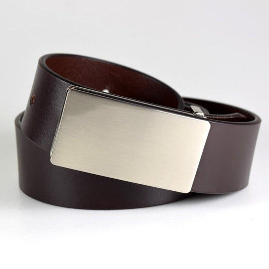 Men's Leather Belt with Full Brushed Nickel Buckle - High-quality 3mm thick full-grain vegetable-tanned leather. Adjustable length. Width: 35mm. Available in 90cm, 100cm, and 110cm.