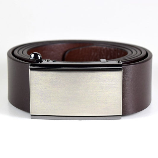 Men's Leather Belt Ratchet - Full Brushed Nickel Buckle. High-quality brown belt with silver buckle. Adjustable and made of natural leather.