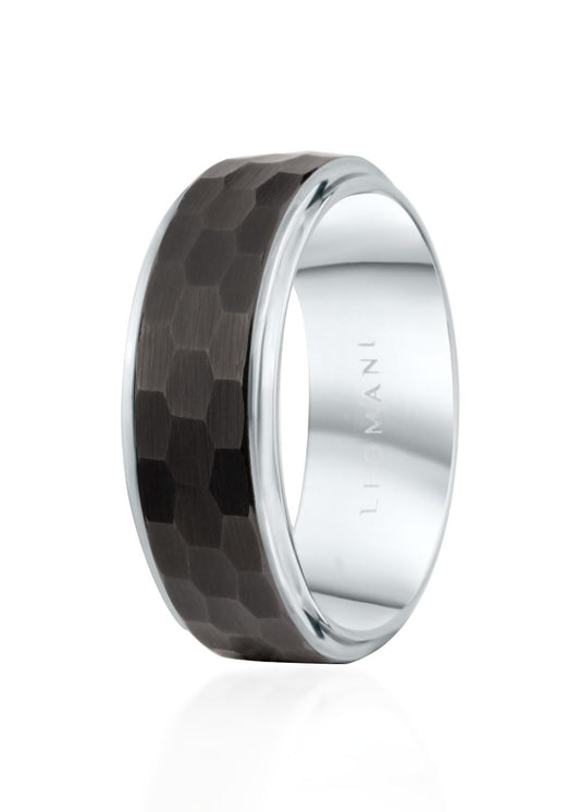 Men's ring Lejon, a silver and black tungsten band with enduring sophistication. Resistant to scratches and wear, this 8mm, 17.38-gram ring elevates your style with its density and weight.