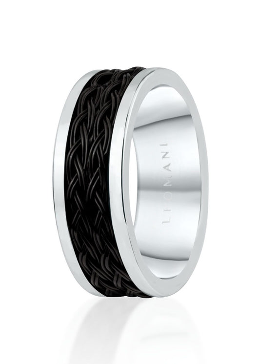 A durable stainless steel men's ring with black braided edges, offering a timeless aesthetic. Elevate your collection with this enduring piece from Men In Style.