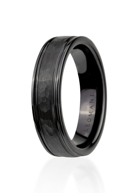 Men's ring Rajona, a sleek black ceramic band with a brushed edge, weighing 4.64 grams and measuring 6mm wide.