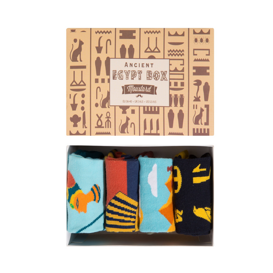 A box of Egyptian symbol socks, featuring a close-up label and colorful knitted socks. Explore the ancient civilization with Egypt Socks Box.