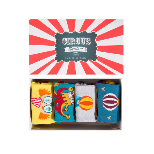 A box of Circus Socks featuring a clown design, ready to entertain with vibrant colors and high-quality cotton blend.