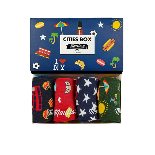 A box containing London, Paris, New York, and Barcelona socks made from high-quality cotton blends.