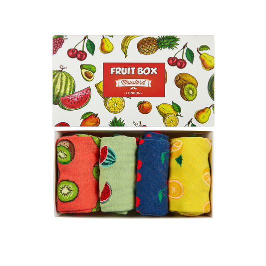 Fruits Socks Box: A variety of knitted fruit-themed socks including cherry, kiwi, lemon, and watermelon designs. High-quality cotton blend composition.