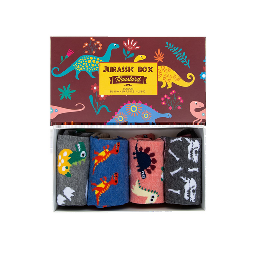 Jurassic Socks Box: A box with dinosaur-themed socks, including Dinos chilling, Dino eggs, Extinction, and T-Rex socks. High-quality cotton blend from Turkey.