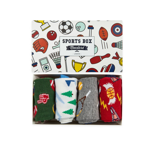 Sports Socks Box: A variety of knitted socks featuring an avocado, pizza, donut, and broccoli vs fries design. High-quality cotton blend composition.