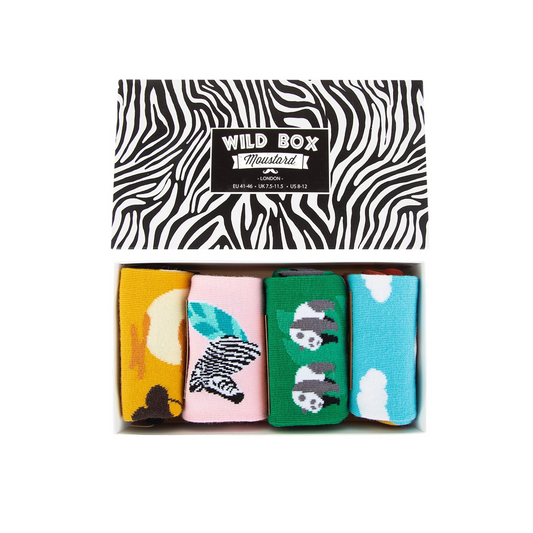 A box of Wild Life Theme socks, featuring various colors and patterns. High-quality cotton blend from Turkey. Perfect gift for stylish feet.