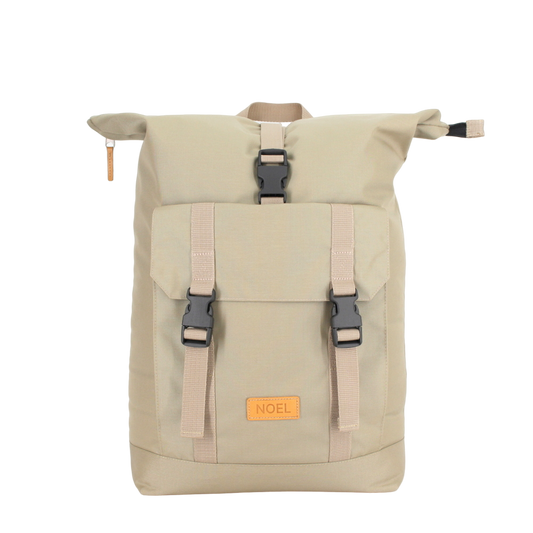 A durable 25L Waterproof Backpack in beige with black straps. Perfect for urban style and rugged durability. Ideal for city commutes, weekend getaways, or short hiking trips. Padded laptop pocket, multiple interior pockets, and large front pocket for organized storage. Versatile for work, outdoor adventures, or hitting the gym. Handcrafted with European craftsmanship. Dimensions: 15 x 30 x 59 cm.