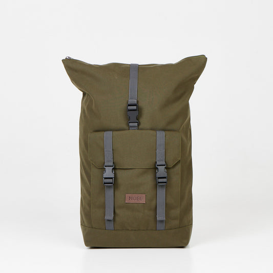 25L Waterproof Backpack - Khaki: A durable Cordura backpack with a waterproof design. Stay organized with a padded laptop pocket, zippered compartments, and multiple interior pockets. Versatile for work, outdoor adventures, or the gym. Handcrafted with European craftsmanship. 15 x 30 x 59 cm, 25-liter capacity.