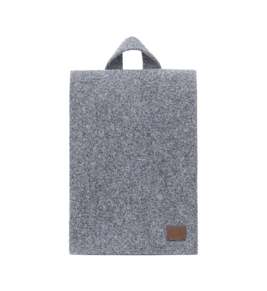 Backpack - Grey: A minimalist, durable bag with a brown handle. Perfect for modern, eco-conscious individuals. Fits laptops up to 17".
