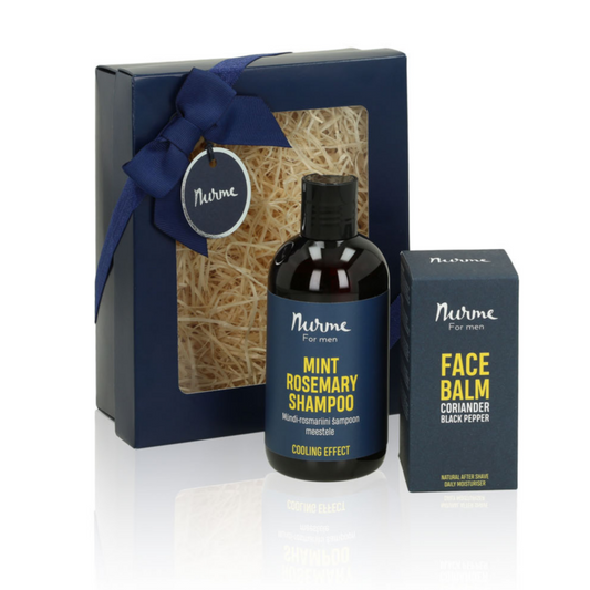A bottle of mint rosemary men's shampoo and men's face balm in a gift box from Nurme's Natural Men's Gift Set "Rugged" - For Men.