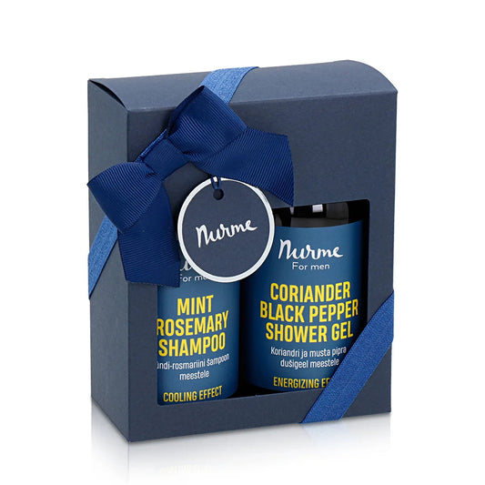 A gift set with two bottles of shampoo and shower gel for men, featuring Nurme's Rosemary and Black Pepper products.