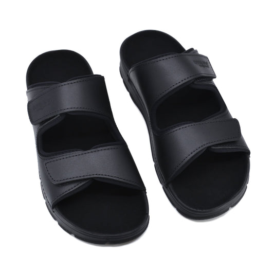 Light Slip-On Leather Sandals with adjustable velcro straps for customizable fit. Antibacterial insole and durable PU outsole. Made in Europe.