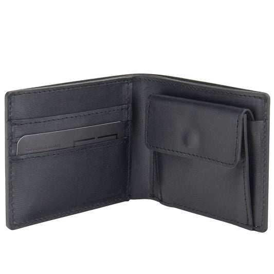 Genuine Leather Wallet with Coin Pouch - Black: Compact black wallet with card and coin pockets, crafted from 100% genuine leather. Sophisticated RR logo and red thread detail.