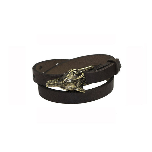 A bronze-finished double wrap leather bracelet with a wolf buckle. Adjustable in three lengths: Small (13-16 cm), Medium (16-19 cm), and Large (19-23 cm). The bracelet features 5 snap options for customization.