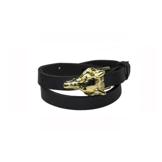 A gold-finished double wrap leather bracelet with a wolf buckle. Adjustable in three lengths: Small (13-16 cm), Medium (16-19 cm), and Large (19-23 cm). The bracelet features 5 snap options for customization.