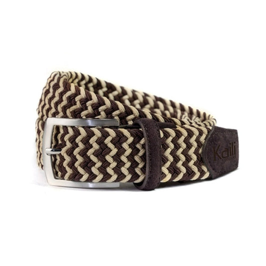 A close-up of a brown and white woven two-tone belt with a satin nickel buckle. Versatile and comfortable, this genuine leather and elastic belt is perfect for any occasion.