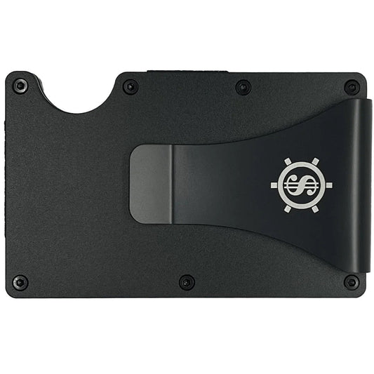 A sleek black aluminum cardholder with a clip and logo, offering RFID blocking for secure storage of up to 12 cards. Eco-friendly packaging reflects our commitment to sustainability.