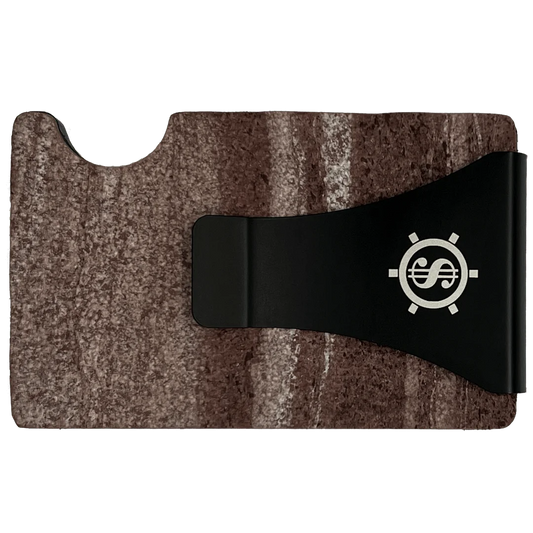 Marble card holder with RFID blocking, showcasing a close-up of a sleek black object adorned with a dollar symbol. Safely stores up to 12 cards while offering a minimalist design and eco-friendly packaging. From Men In Style, your destination for exclusive men's accessories.
