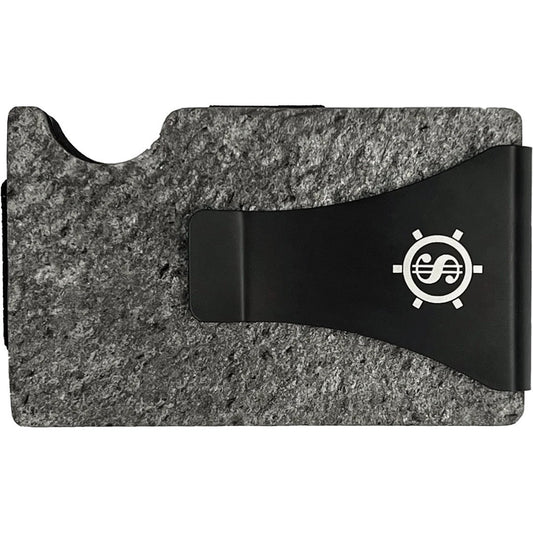 Slate Card Holder with RFID Blocking - Dark Birch: A sleek rectangular object with a black clip, designed with natural slate stone for a minimalist, nature-inspired look. Holds up to 12 cards and offers RFID blocking technology. Eco-friendly packaging.