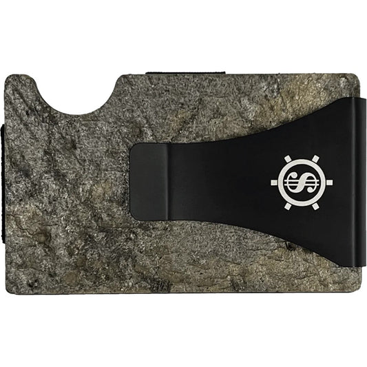 Slate Card Holder with RFID blocking, featuring a black and grey rectangular design and a black clip. Holds up to 12 cards securely.