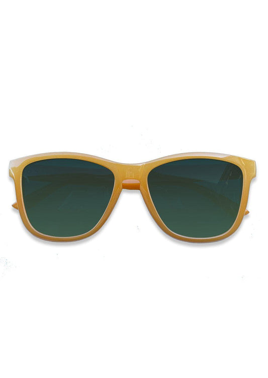 A yellow sunglasses with green lenses, part of the MOOD Wayfarer V2 collection from Zerpico. Polarized lenses, UV400 protection. Lightweight TR90 polycarbonate frame. Perfect accessory for your stylish adventures.
