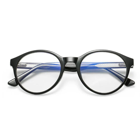 Nexus Tron blue-light glasses, a black and blue eyewear with round frames and extendable hinges. Ideal for work, gaming, and outdoor activities.