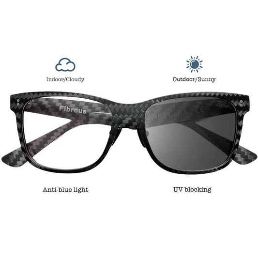 A pair of Fibrous - Carbon Fiber Wayfarer sunglasses with anti-blue light lenses, perfect for gamers and computer users. Weighs only 21 grams.