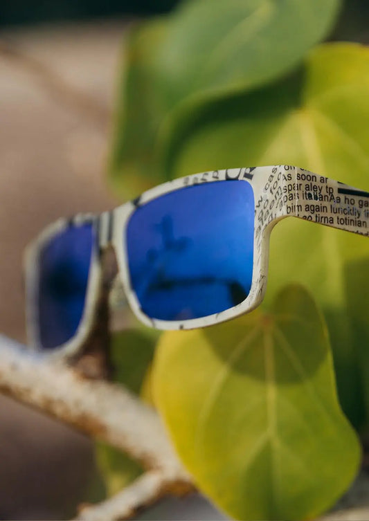 ReVision Square sunglasses on a branch, showcasing eco-friendly recyclable paper design. Classic square shape offers more coverage. From Men In Style.