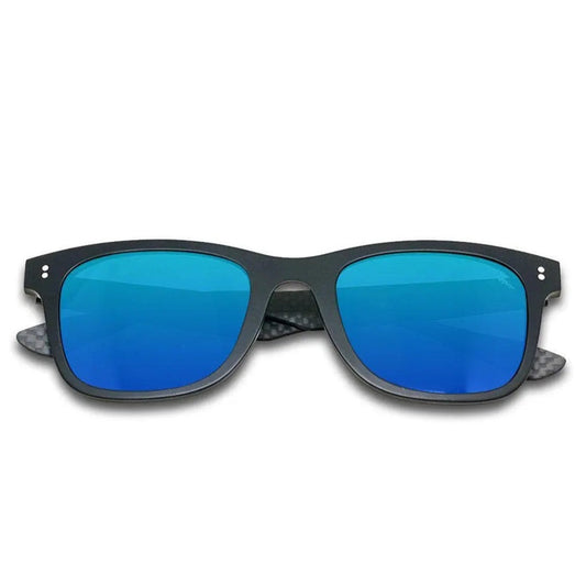 Hybrid Atom sunglasses with blue lenses, weighing only 21 grams. Features carbon fiber & acetate frame, 5 barrel hinges, and strong 7 layer polarized lenses for UV400 protection. From Men In Style.