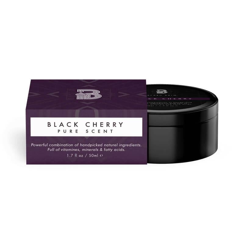 A 50ML Black Cherry Beard Balm container with a purple label, offering a seductive scent and nourishing oils for well-groomed beards.