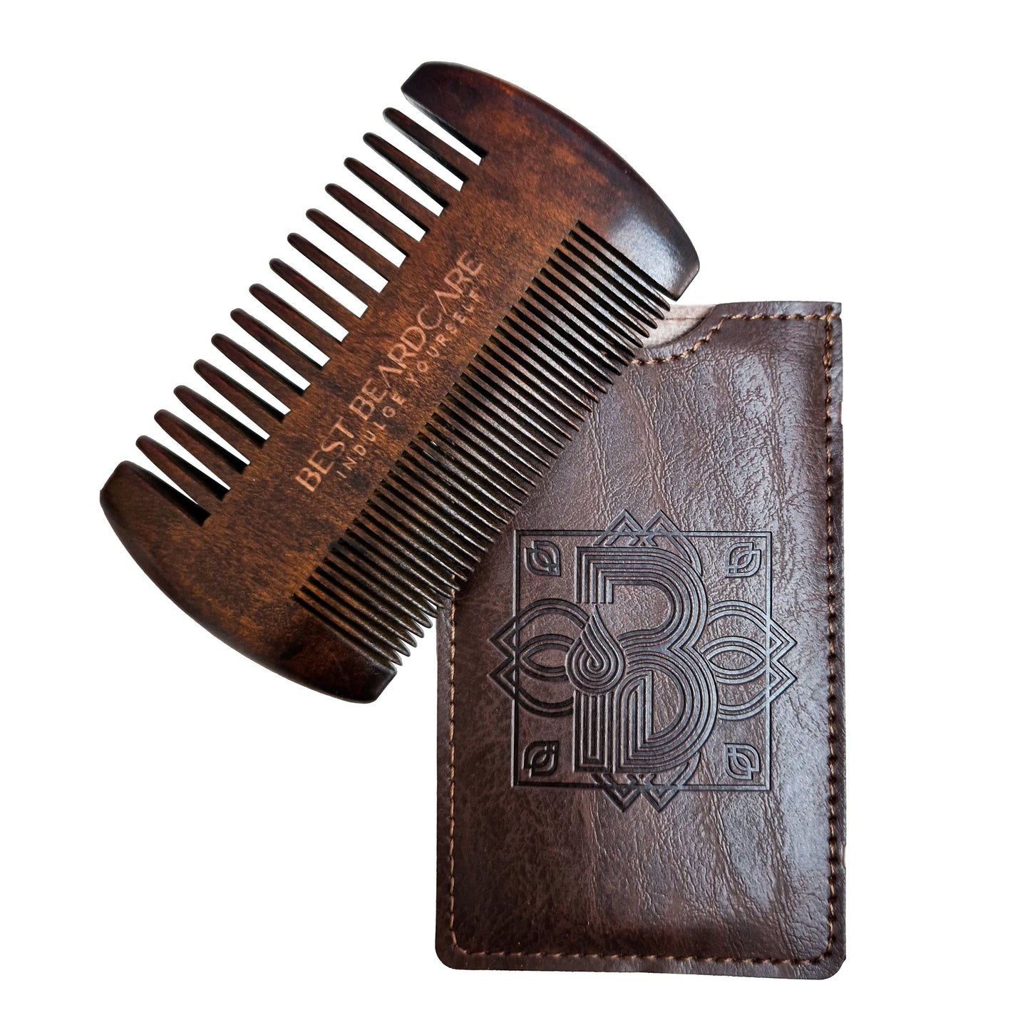 Cherry Wood Beard Comb with Leather Case, a premium grooming tool featuring double-sided teeth for precision grooming and detangling. Includes a leather protective case for safe storage.